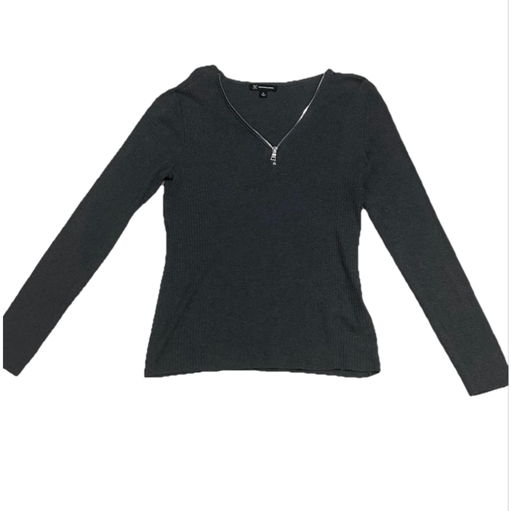 Women's INC Gray Ribbed Zipper Sweater XL